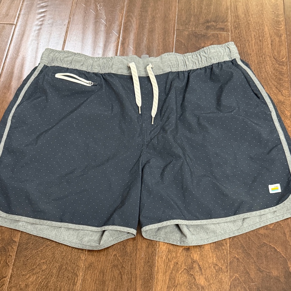 Vuori Navy Blue Dot Athletic Shorts with Gray Trim